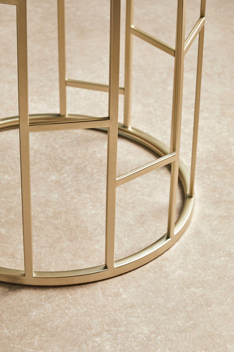 Set of 2 Gold Champagne Finish Asymmetric Round Side Tables with Mirrored Glass Tops, Avantis