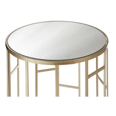 Set of 2 Gold Champagne Finish Asymmetric Round Side Tables with Mirrored Glass Tops, Avantis