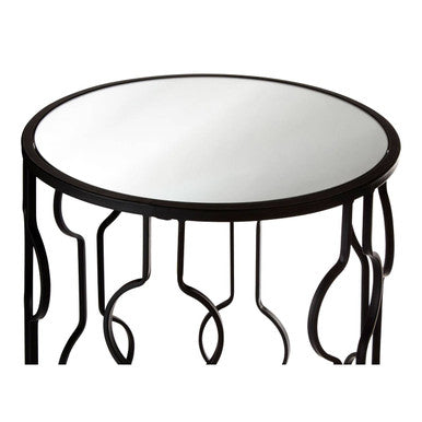 Set of 2 Black Metal Base Side Tables with Arabesque Detailing and Mirrored Glass Tops, Avantis