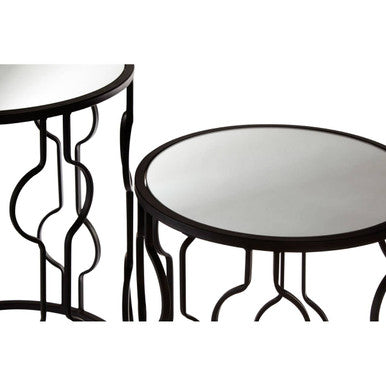 Set of 2 Black Metal Base Side Tables with Arabesque Detailing and Mirrored Glass Tops, Avantis