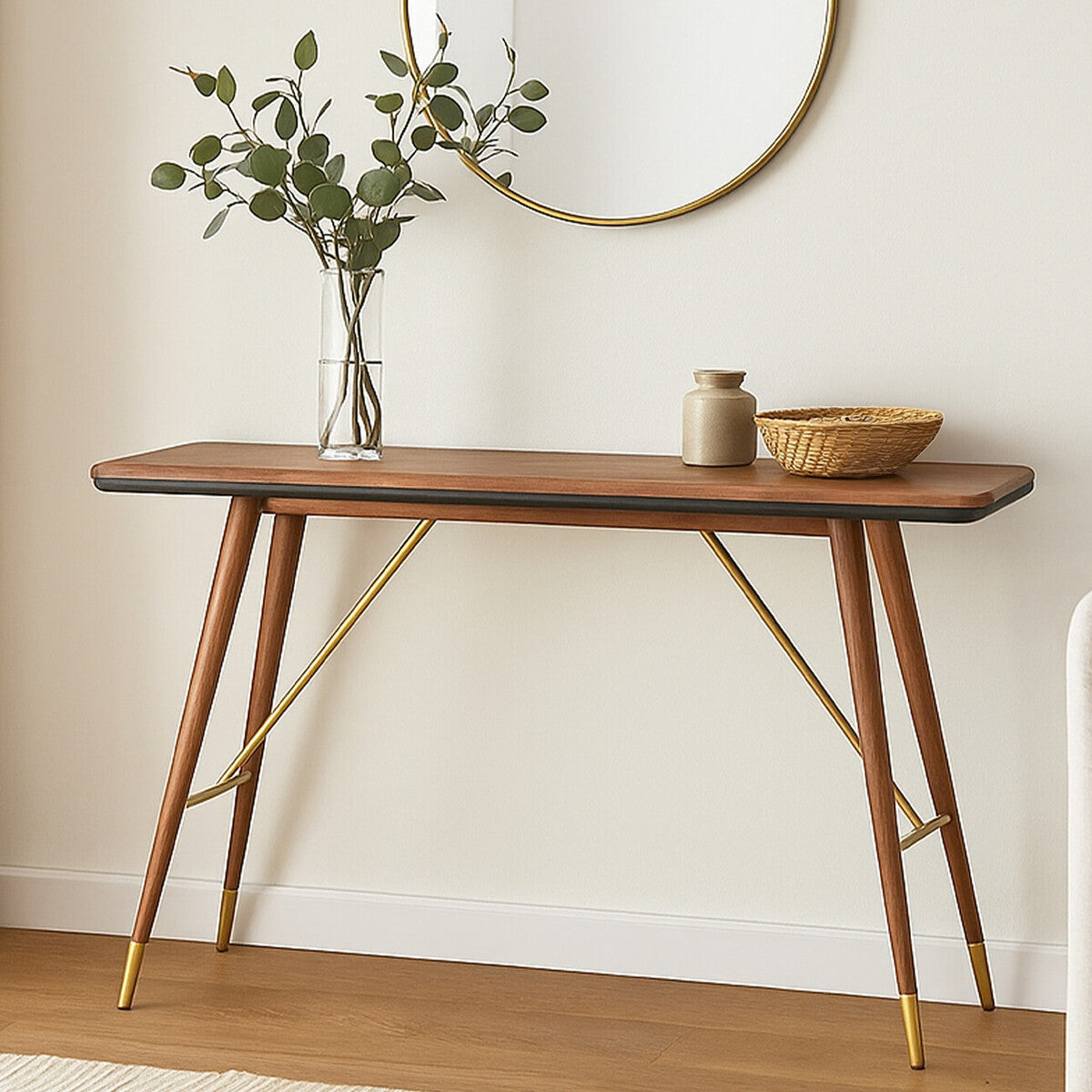 Walnut Wood Console Table with Leather Trim, Kenso