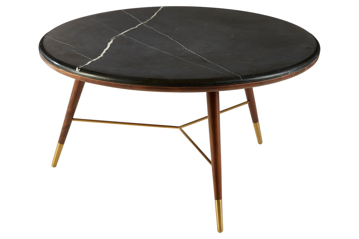 Marble Top Round Coffee Table with Walnut Wood Frame in Natural Finish, Kenso