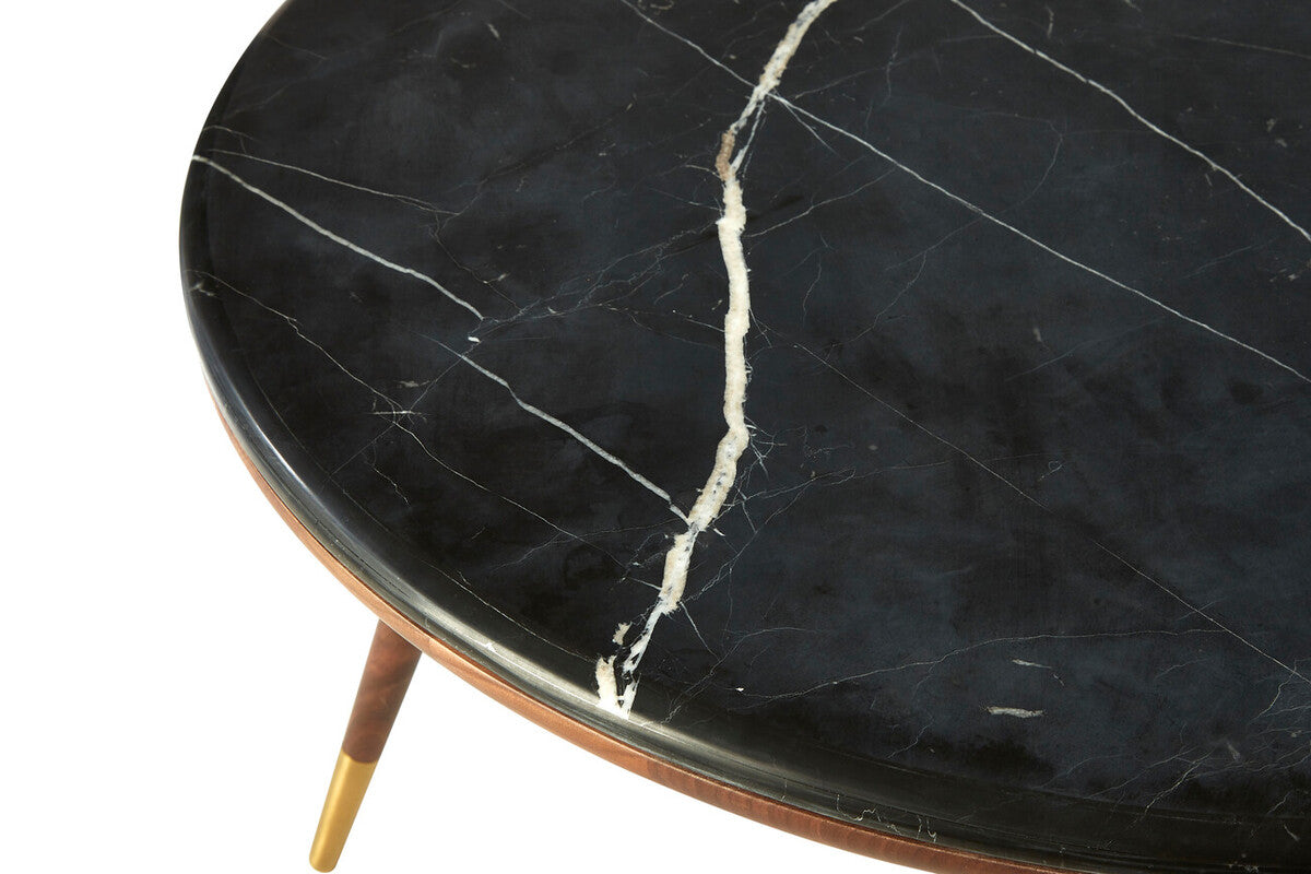 Marble Top Round Coffee Table with Walnut Wood Frame in Natural Finish, Kenso