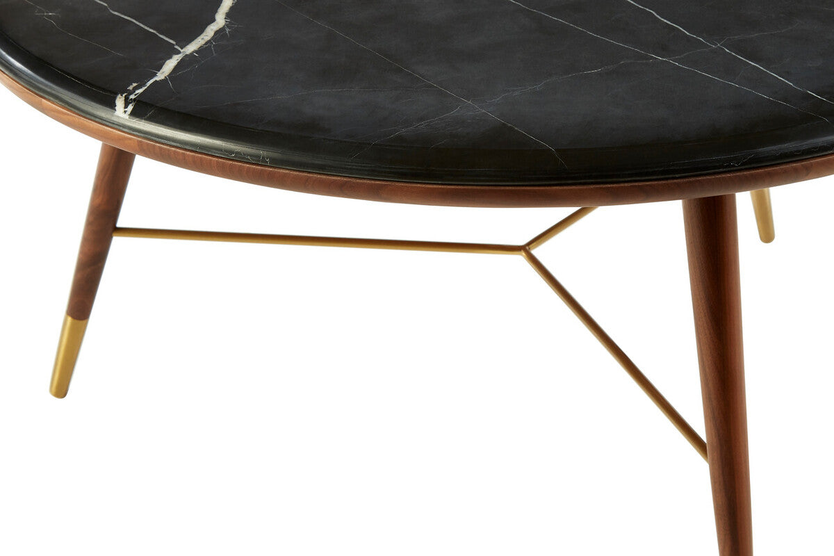 Marble Top Round Coffee Table with Walnut Wood Frame in Natural Finish, Kenso
