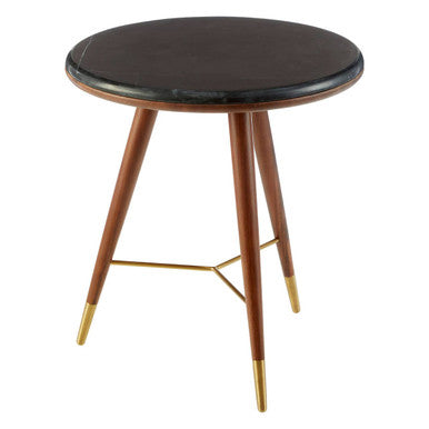 Marble Round End Table with Walnut Wood Frame in Natural Finish, Kenso