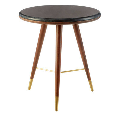 Marble Round End Table with Walnut Wood Frame in Natural Finish, Kenso