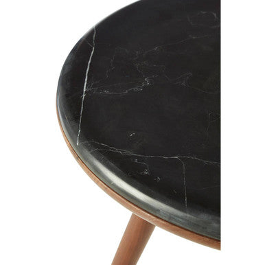 Marble Round End Table with Walnut Wood Frame in Natural Finish, Kenso