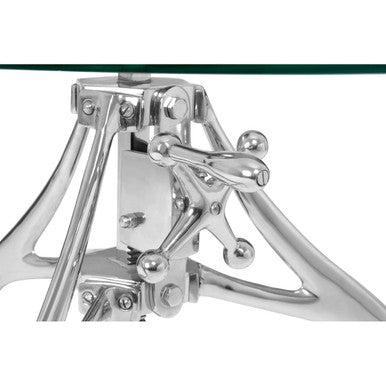 Clear Glass Top Accent Table with Silver Height Adjustable Crank Mechanism Metal Frame, Maxi