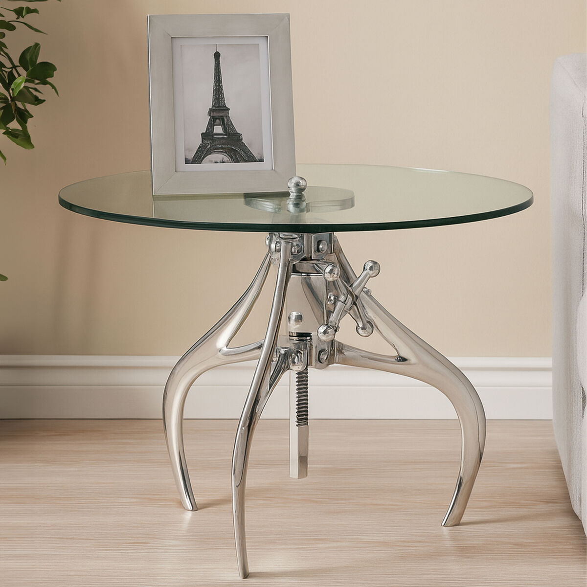 Clear Glass Top Accent Table with Silver Height Adjustable Crank Mechanism Metal Frame, Maxi