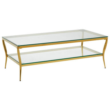 Two-Tier Coffee Table with Clear Tempered Glass Top and Gold Finish Stainless Steel Frame | Arezzo