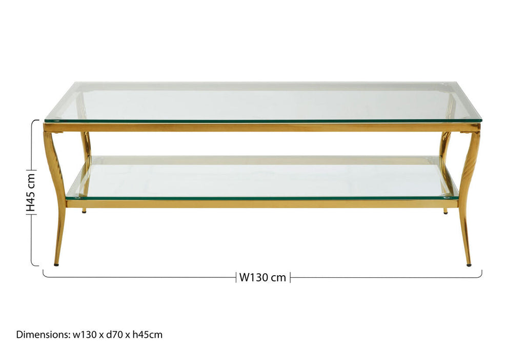 Two-Tier Coffee Table with Clear Tempered Glass Top and Gold Finish Stainless Steel Frame | Arezzo