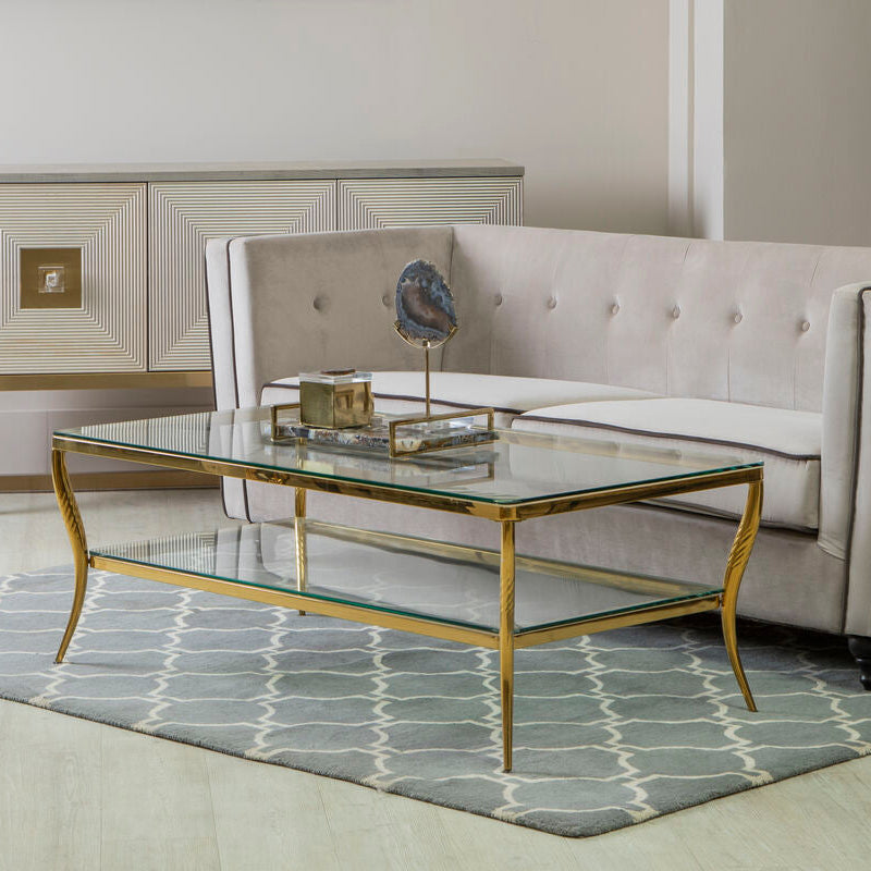 Two-Tier Coffee Table with Clear Tempered Glass Top and Gold Finish Stainless Steel Frame, Arezzo