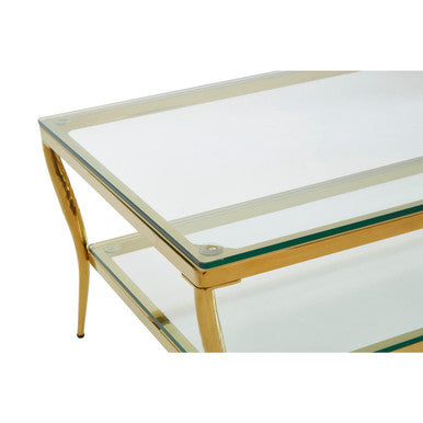 Two-Tier Coffee Table with Clear Tempered Glass Top and Gold Finish Stainless Steel Frame, Arezzo
