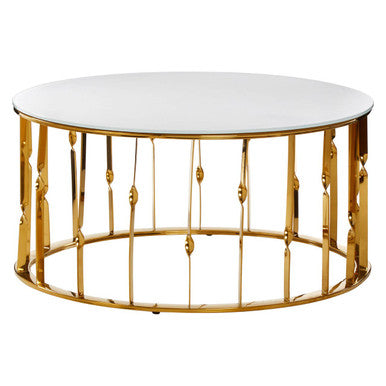 White Tempered Glass Top Round Coffee Table with Gold Finish Stainless Steel Frame, Arezzo