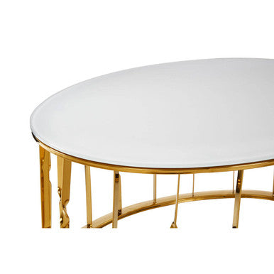 White Tempered Glass Top Round Coffee Table with Gold Finish Stainless Steel Frame, Arezzo