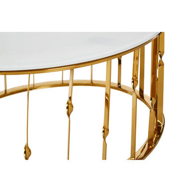 White Tempered Glass Top Round Coffee Table with Gold Finish Stainless Steel Frame, Arezzo