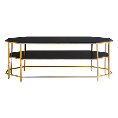 Black Tempered Glass Two-Tier Coffee Table with Warm Gold Stainless Steel Hexagonal Frame, Arezzo