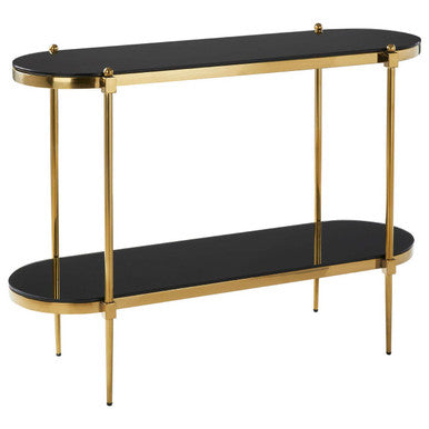 Gold Stainless Steel Frame 2-Tier Console Table with Double Black Tempered Glass Tiers, Arezzo