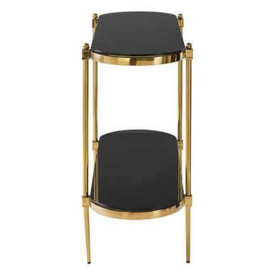 Gold Stainless Steel Frame 2-Tier Console Table with Double Black Tempered Glass Tiers, Arezzo
