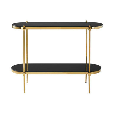 Gold Stainless Steel Frame 2-Tier Console Table with Double Black Tempered Glass Tiers, Arezzo