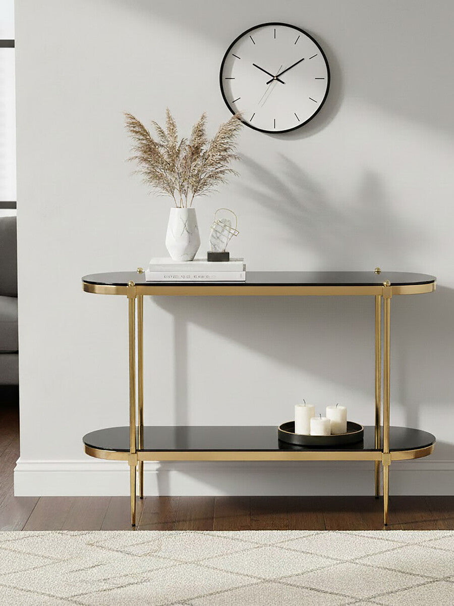 Gold Stainless Steel Frame 2-Tier Console Table with Double Black Tempered Glass Tiers, Arezzo
