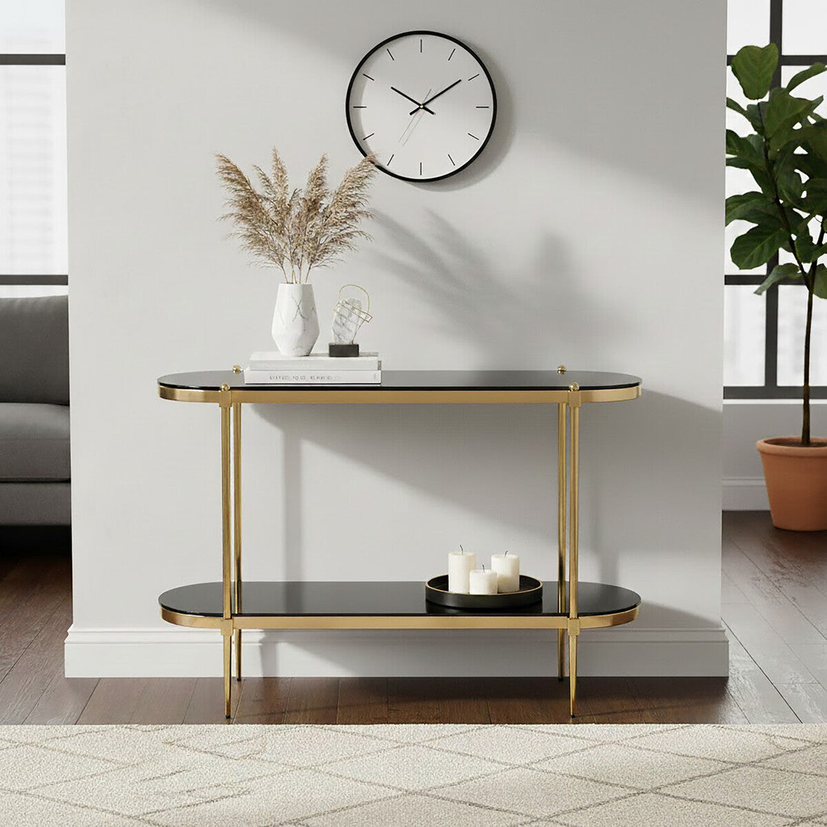 Gold Stainless Steel Frame 2-Tier Console Table with Double Black Tempered Glass Tiers, Arezzo
