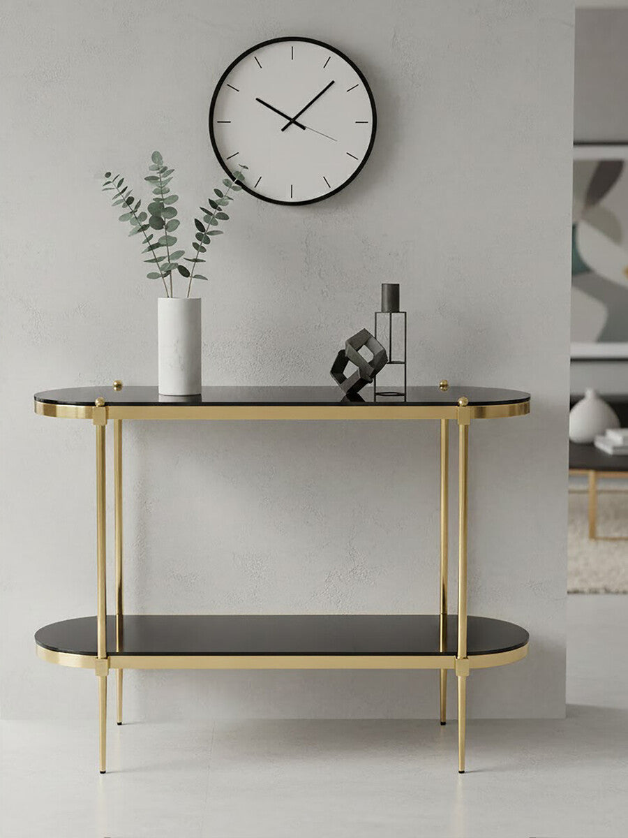 Gold Stainless Steel Frame 2-Tier Console Table with Double Black Tempered Glass Tiers, Arezzo