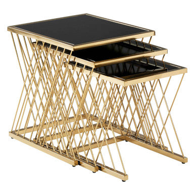Set of 3 Gold Finish Stainless Steel Frame Nesting Tables with Black Glass Tops, Arezzo