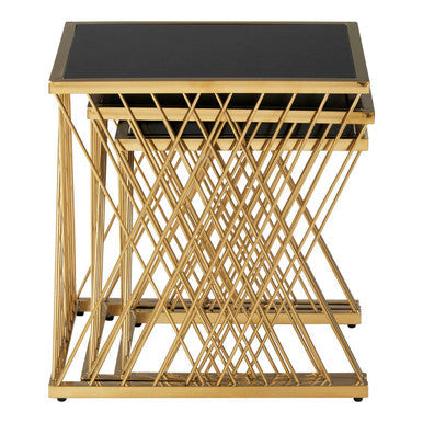 Set of 3 Gold Finish Stainless Steel Frame Nesting Tables with Black Glass Tops, Arezzo