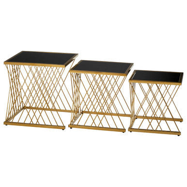 Set of 3 Gold Finish Stainless Steel Frame Nesting Tables with Black Glass Tops, Arezzo