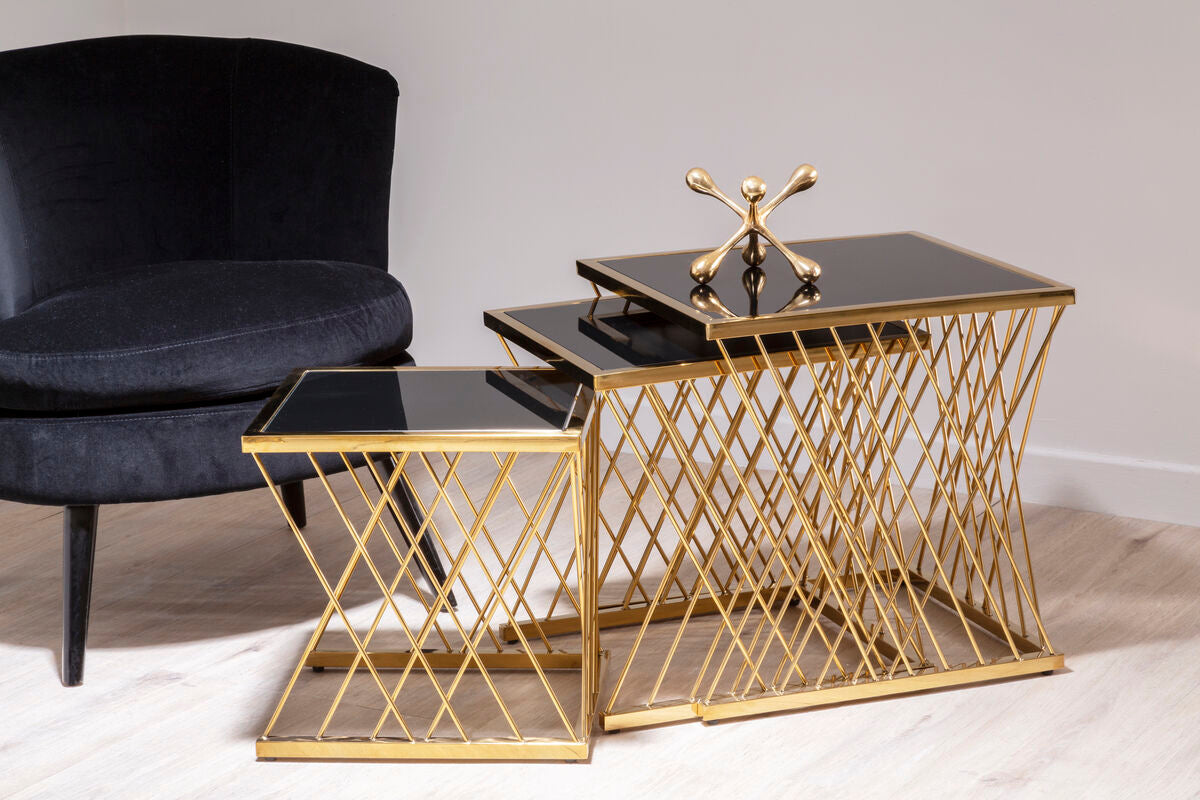 Set of 3 Gold Finish Stainless Steel Frame Nesting Tables with Black Glass Tops, Arezzo
