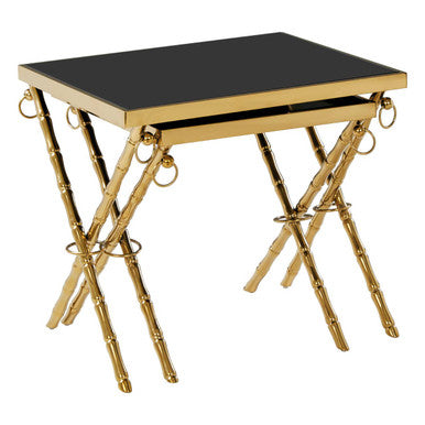 Set of 2 Gold Finish Stainless Steel Frame Nesting Tables with Black Glass Tops, Arezzo