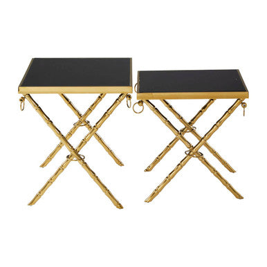 Set of 2 Gold Finish Stainless Steel Frame Nesting Tables with Black Glass Tops, Arezzo