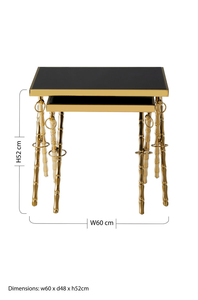 Set of 2 Gold Finish Stainless Steel Frame Nesting Tables with Black Glass Tops, Arezzo