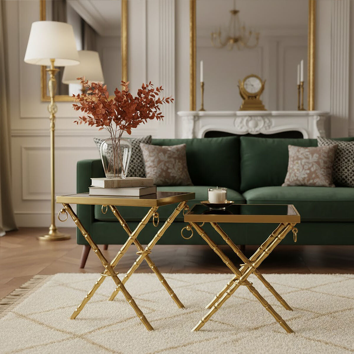 Set of 2 Gold Finish Stainless Steel Frame Nesting Tables with Black Glass Tops, Arezzo