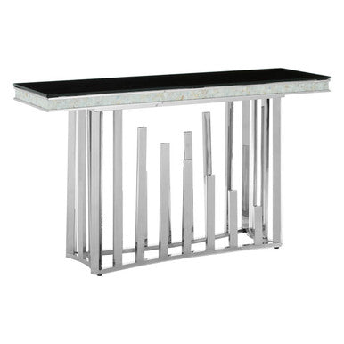 Rectangular Black Tempered Glass Top Console Table with Silver Steel Frame, Eliza