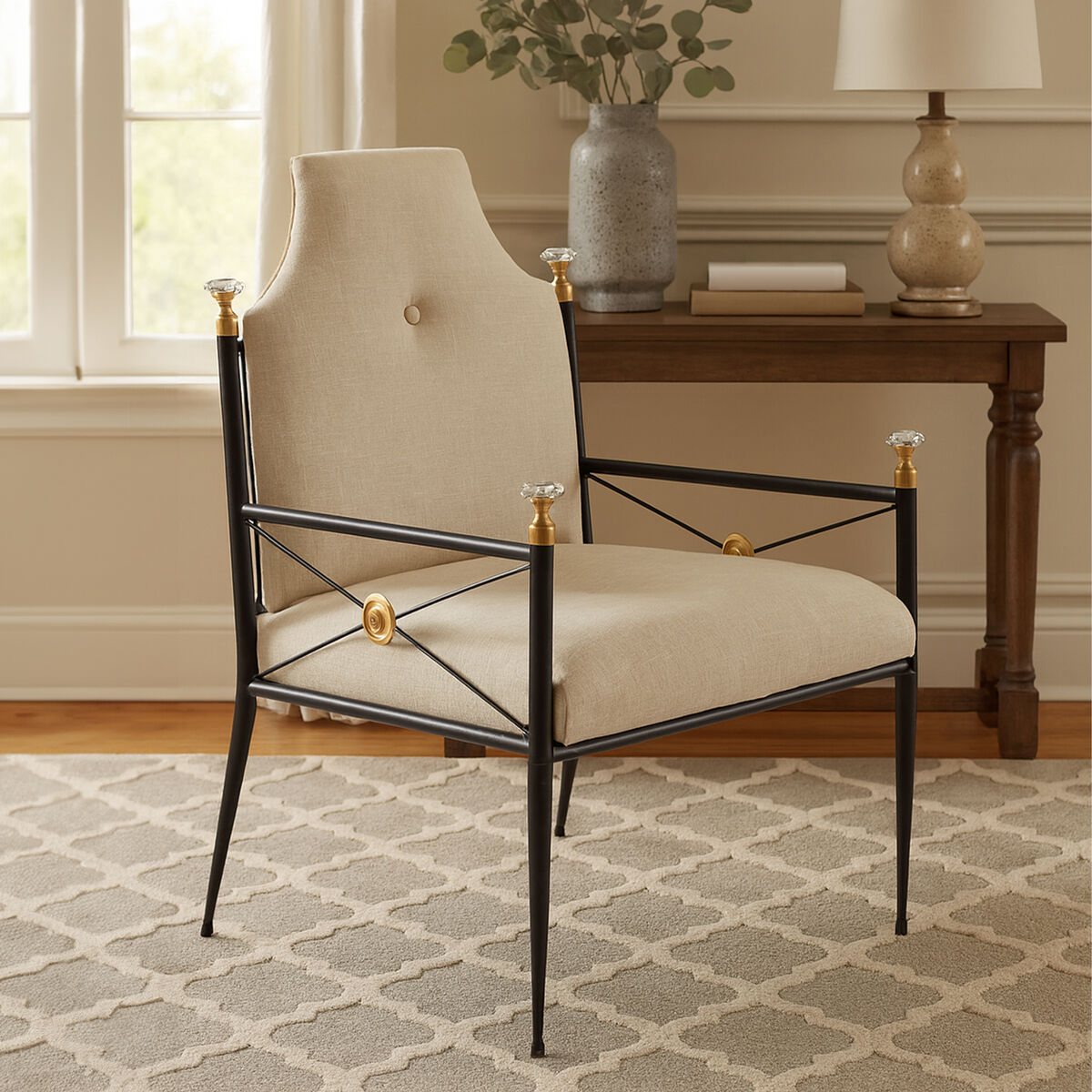 Monroe White Linen High Back Chair with Black Metal Frame