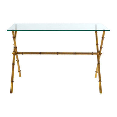 Gold Tempered Glass Console Table with Bamboo-Style Steel Frame, Monroe