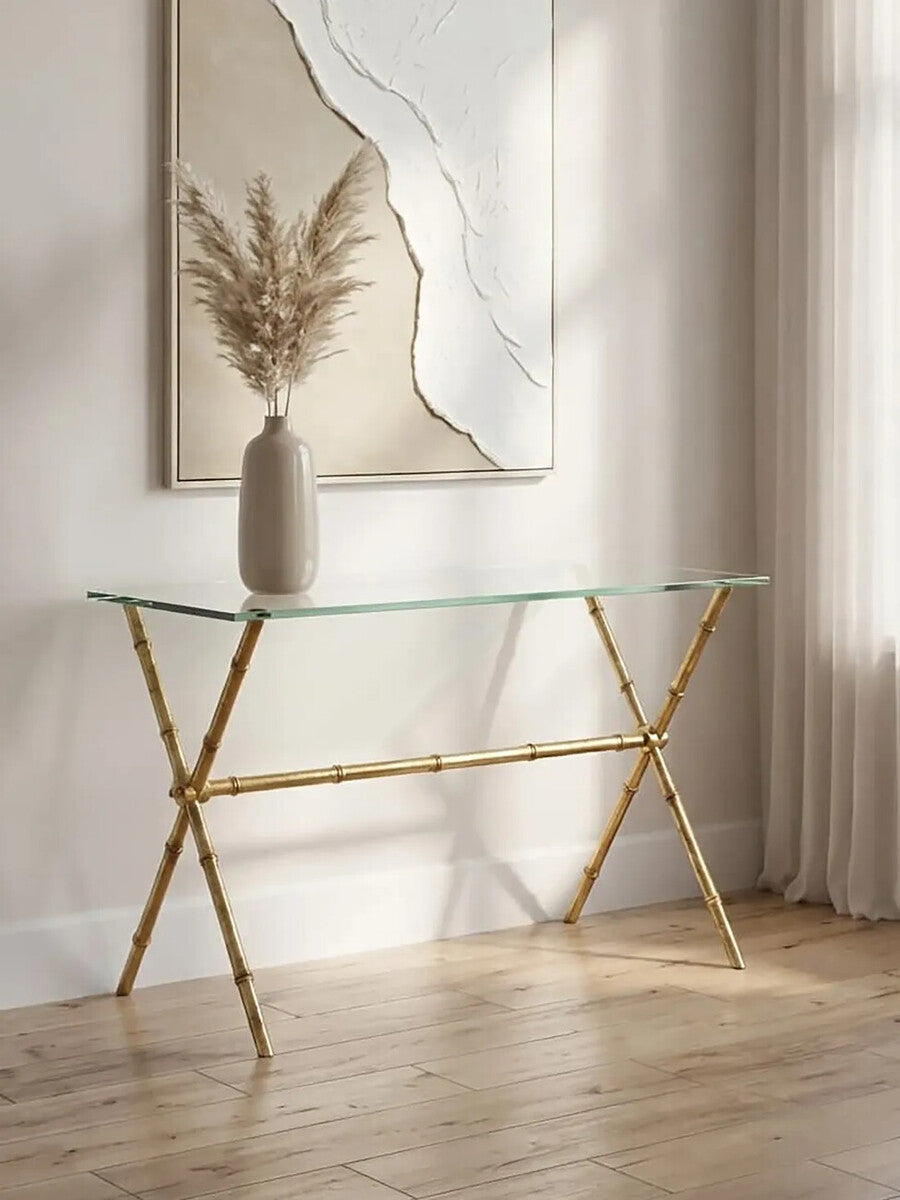 Gold Tempered Glass Console Table with Bamboo-Style Steel Frame, Monroe