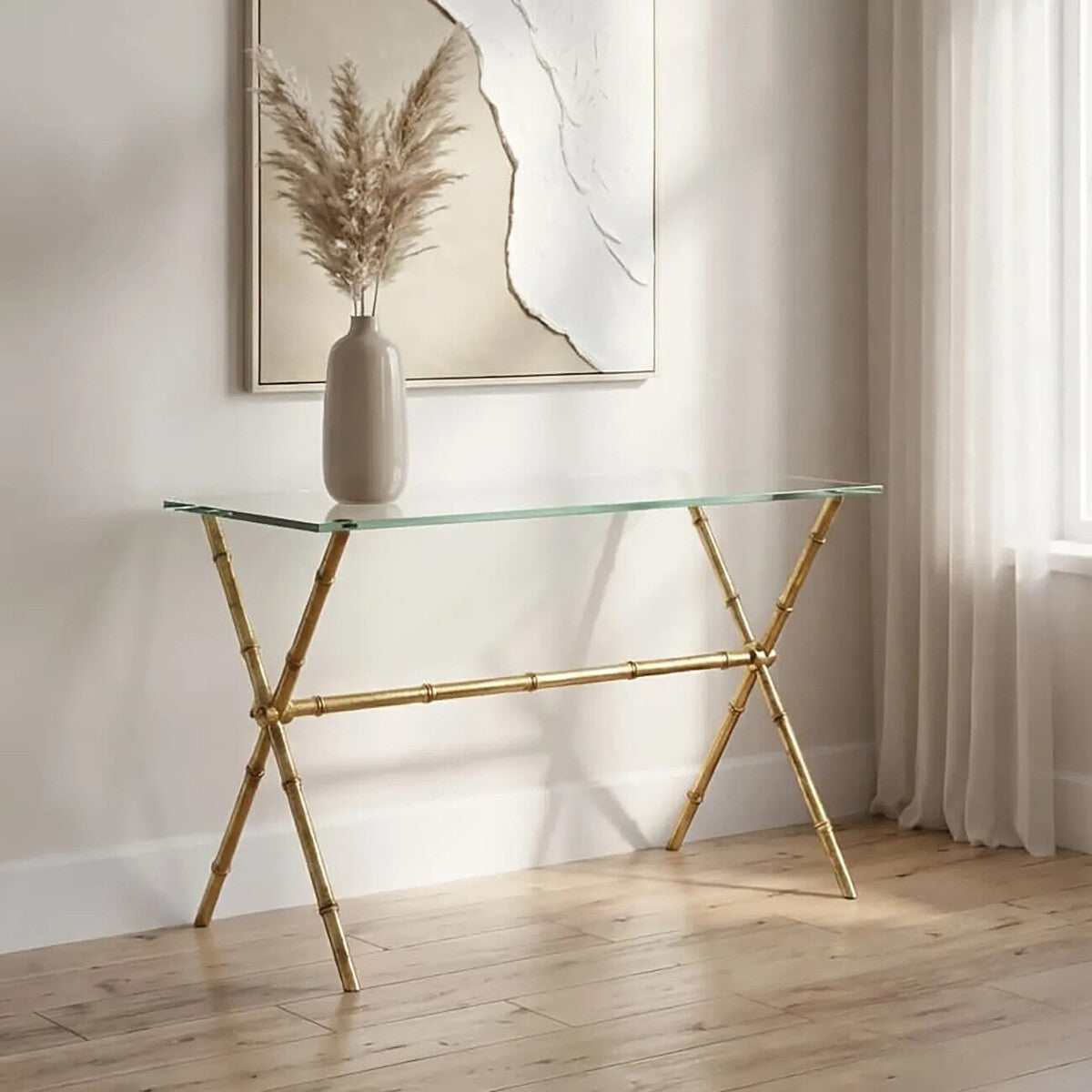 Gold Tempered Glass Console Table with Bamboo-Style Steel Frame, Monroe