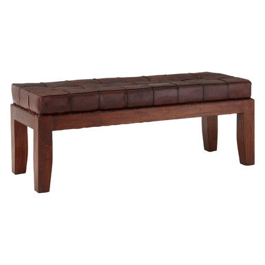 Inca Antique Brown Genuine Leather Bench with Stitched Detail