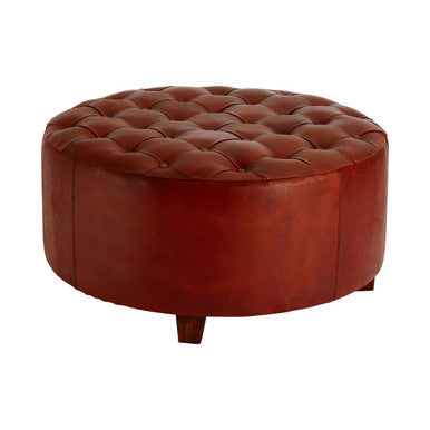 Inca Antique Brown Genuine Leather Stool with Button Tufting