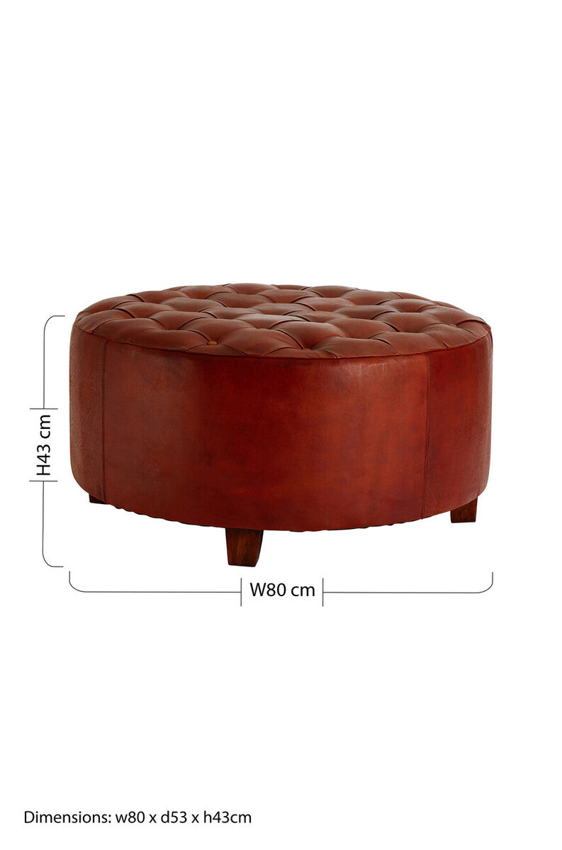 Inca Antique Brown Genuine Leather Stool with Button Tufting