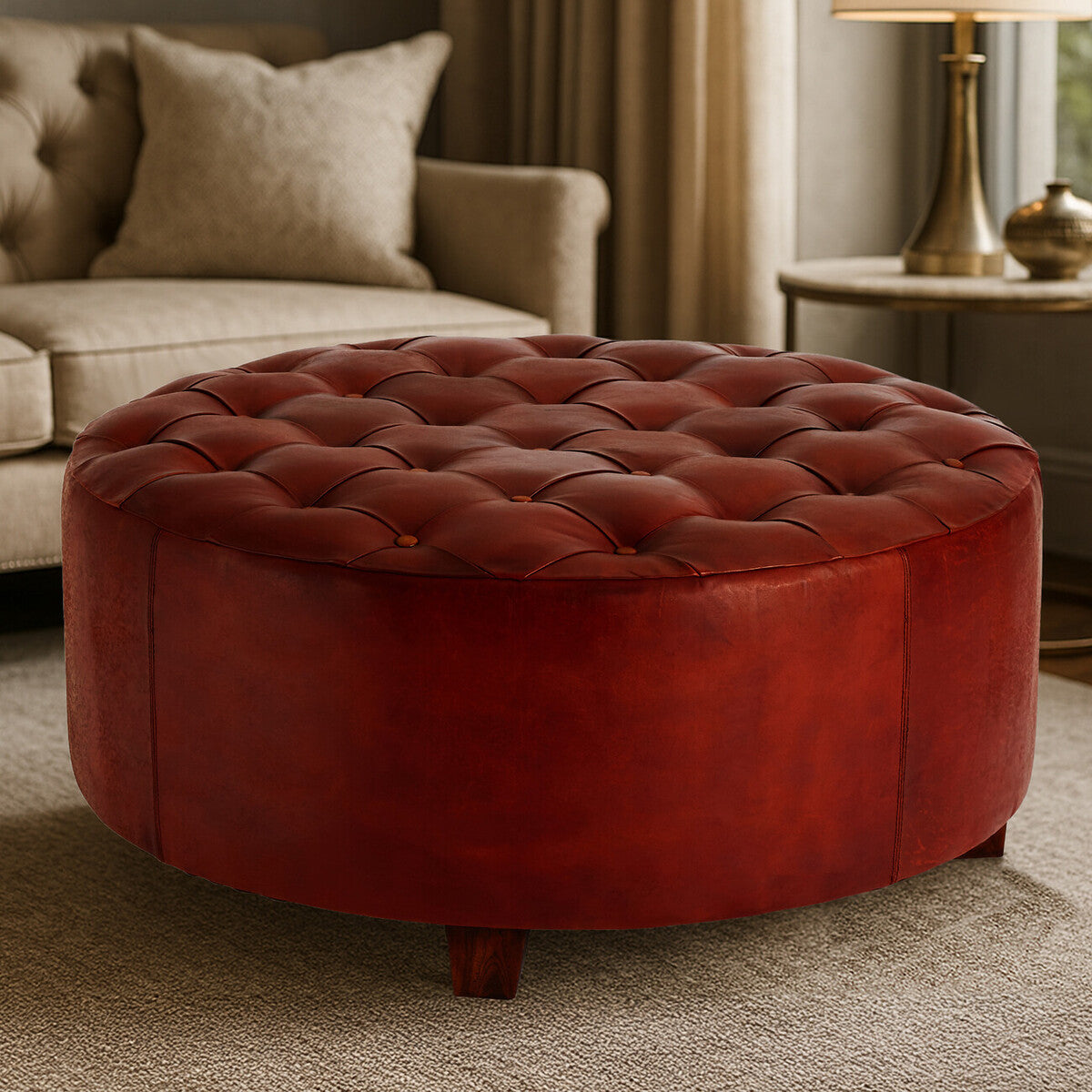 Inca Antique Brown Genuine Leather Stool with Button Tufting