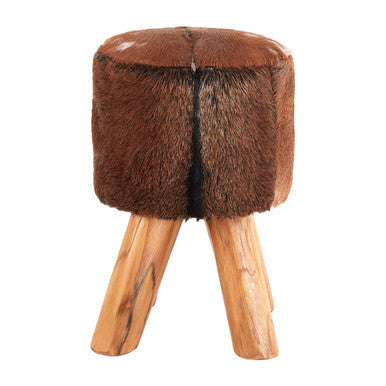 Inca Brown Hair on Leather Round Stool with Teak Wood Legs