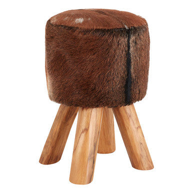Inca Brown Hair on Leather Round Stool with Teak Wood Legs
