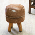 Inca Brown Hair on Leather Round Stool with Teak Wood Legs