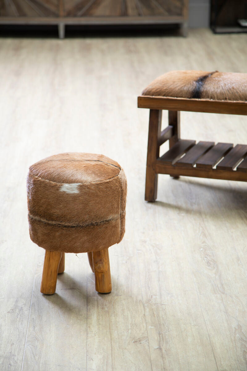 Inca Brown Hair on Leather Round Stool with Teak Wood Legs