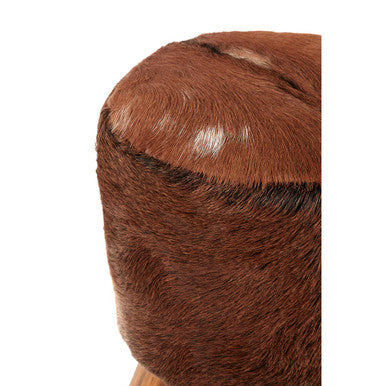 Inca Brown Hair on Leather Round Stool with Teak Wood Legs