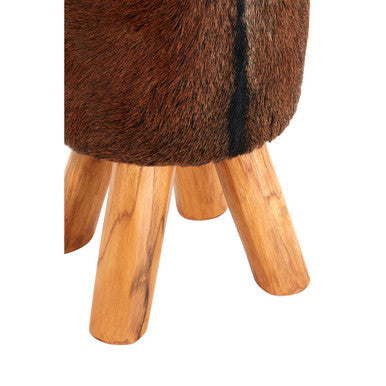 Inca Brown Hair on Leather Round Stool with Teak Wood Legs